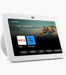 Amazon Echo Hub 8 inch smart home display showing streaming apps on white background.