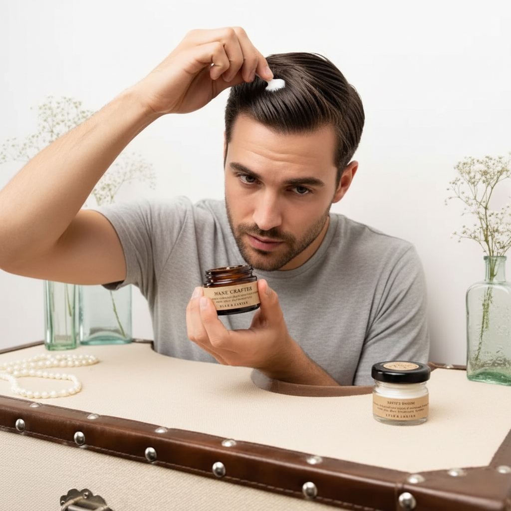 Beeswax candle set displayed with a man applying hair product
