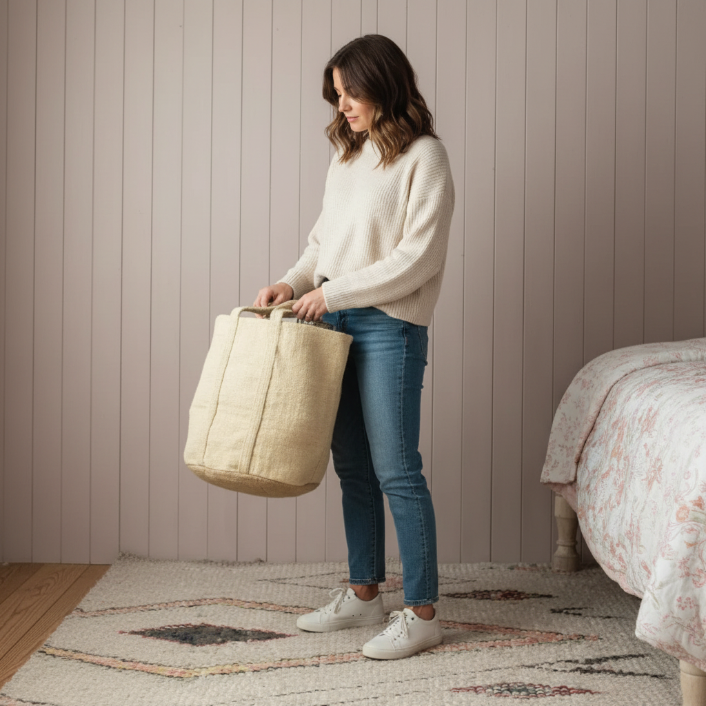 Handwoven jute storage basket held by a woman in bedroom