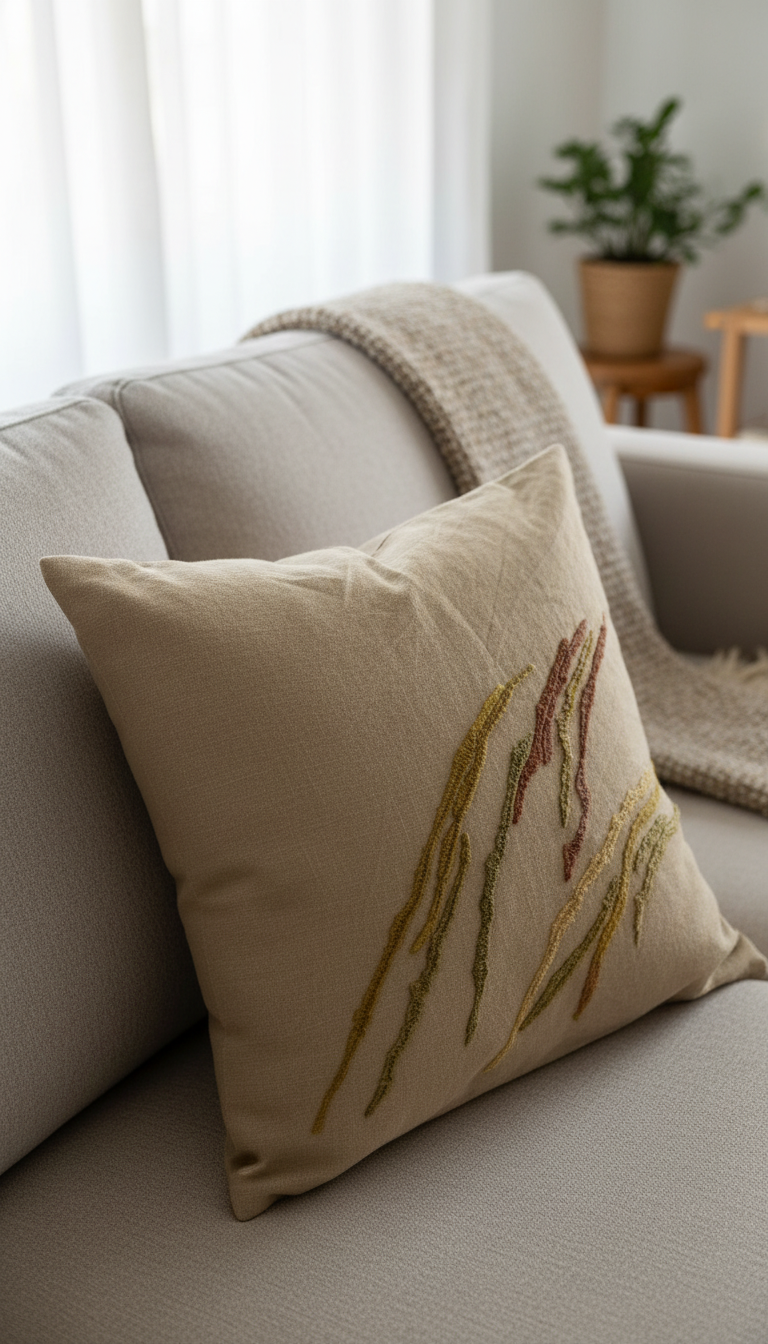 Hand-embroidered linen throw pillow on grey sofa in bright living room