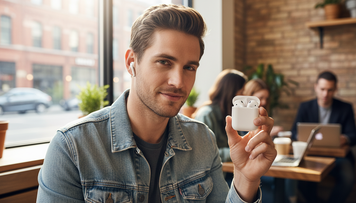 Apple AirPods Pro (2nd Generation) wireless earbuds, man wearing one, holding charging case.