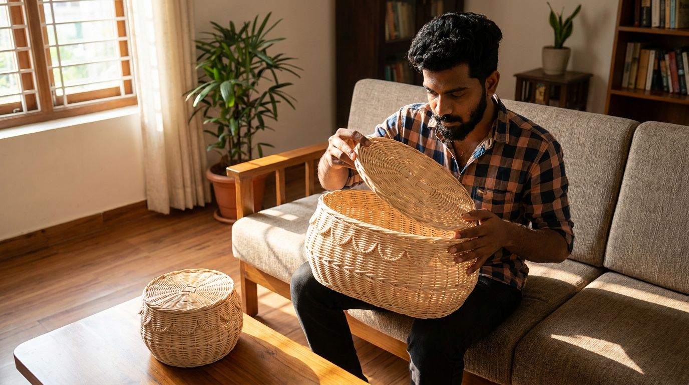 Eco-Friendly Handwoven Seagrass Storage Basket, large oval held by man, smaller round on table.