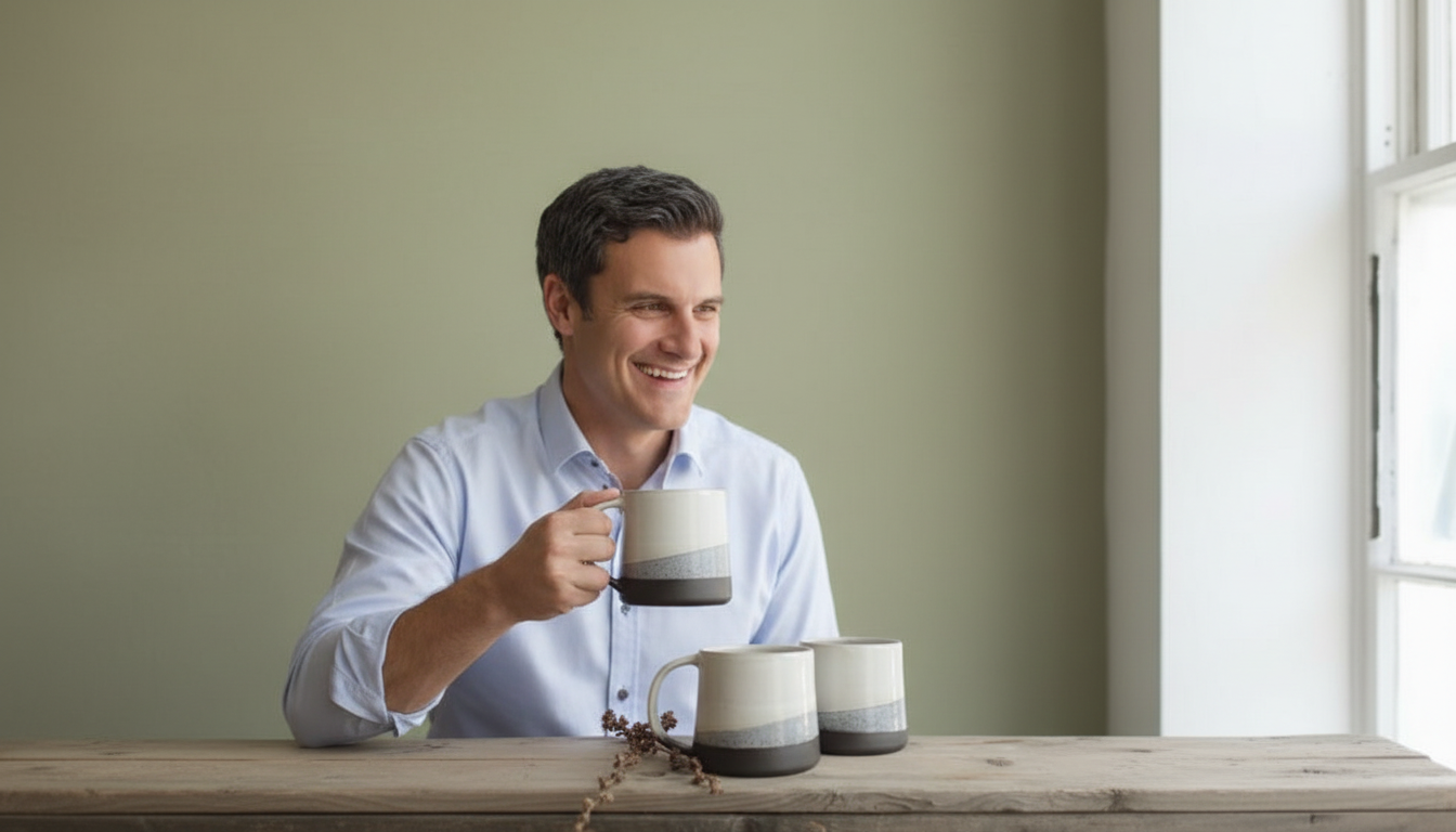 Porcelain Mug Modern Minimalist held by a man at table