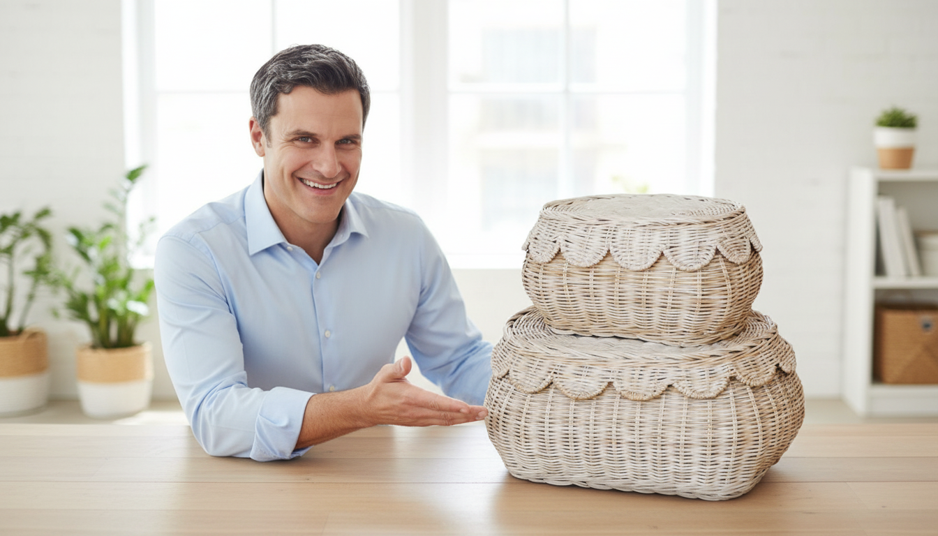 Eco-friendly handwoven seagrass storage baskets with scalloped lids on table