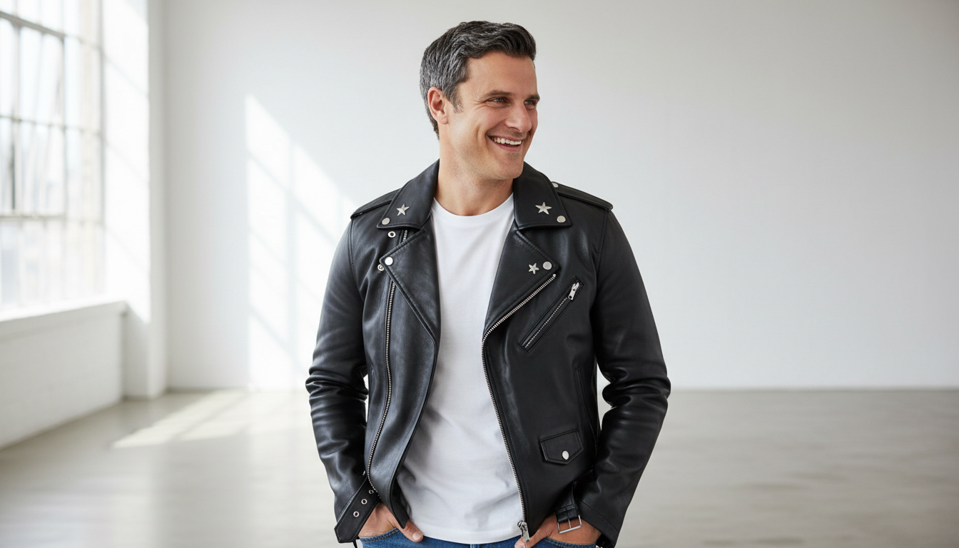 Premium leather biker jacket with silver star studs on lapels
