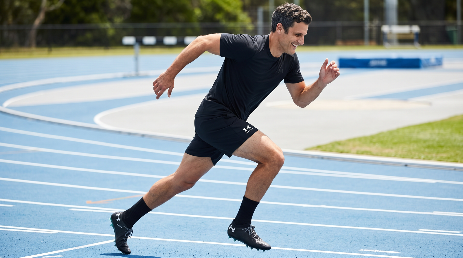 Premium athletic shorts worn by a man sprinting on track