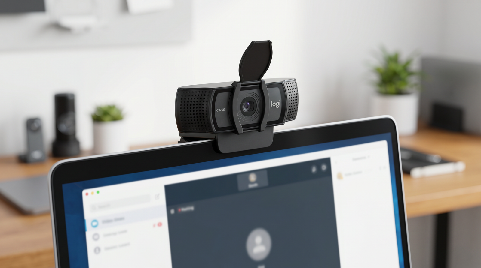 HD webcam for video conferencing mounted on a laptop monitor