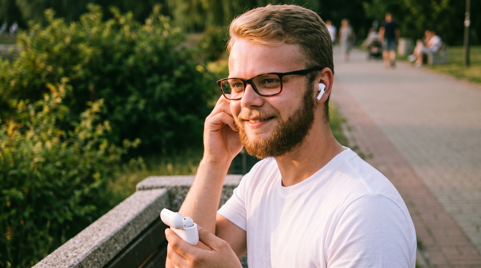Man wearing Apple AirPods Pro (2nd Generation) wireless earbuds outdoors