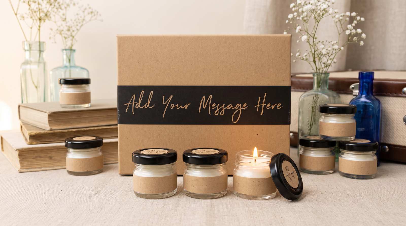 Beeswax candle set in glass jars with kraft paper labels