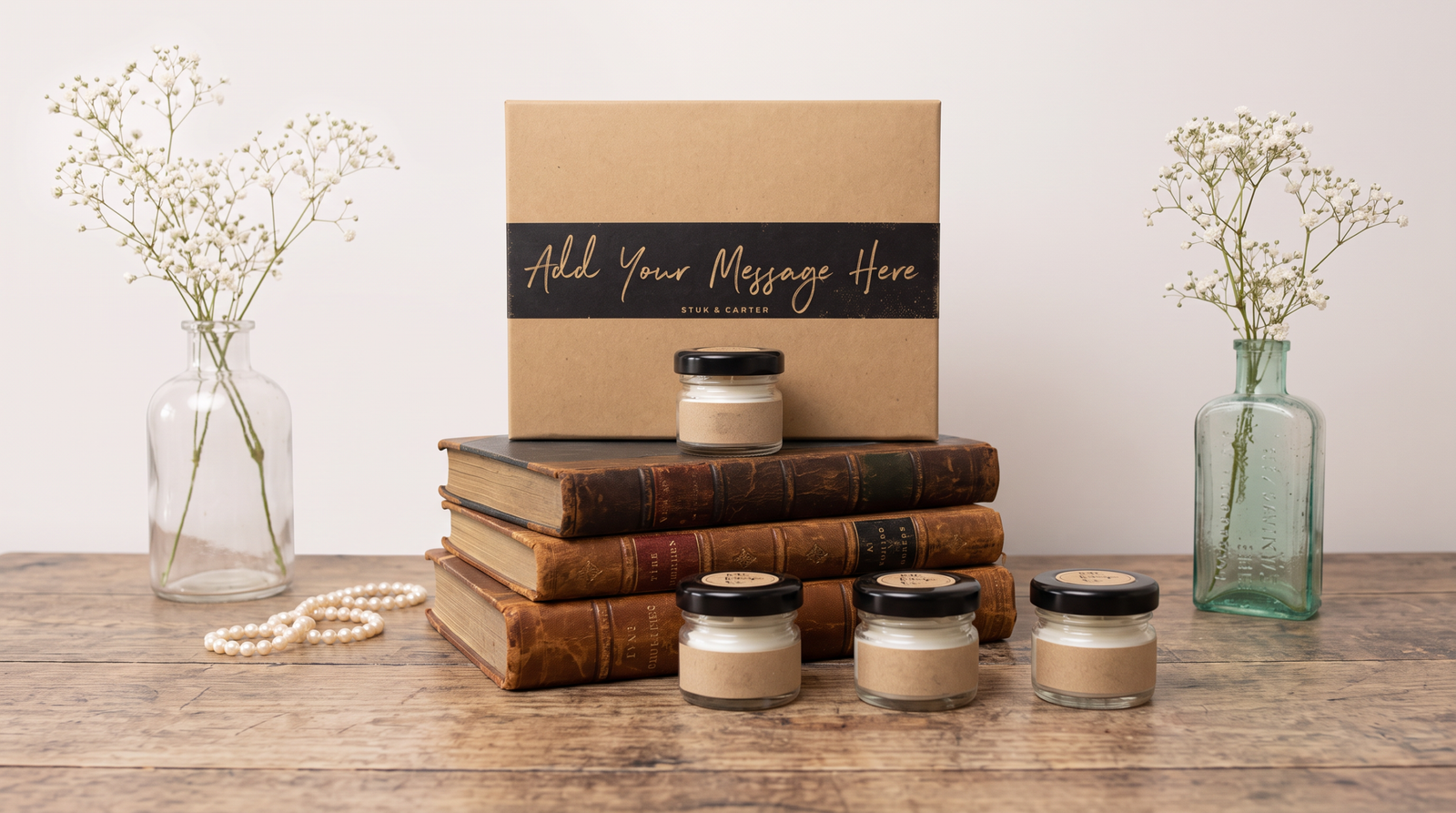 Beeswax candle set in glass jars displayed on vintage books