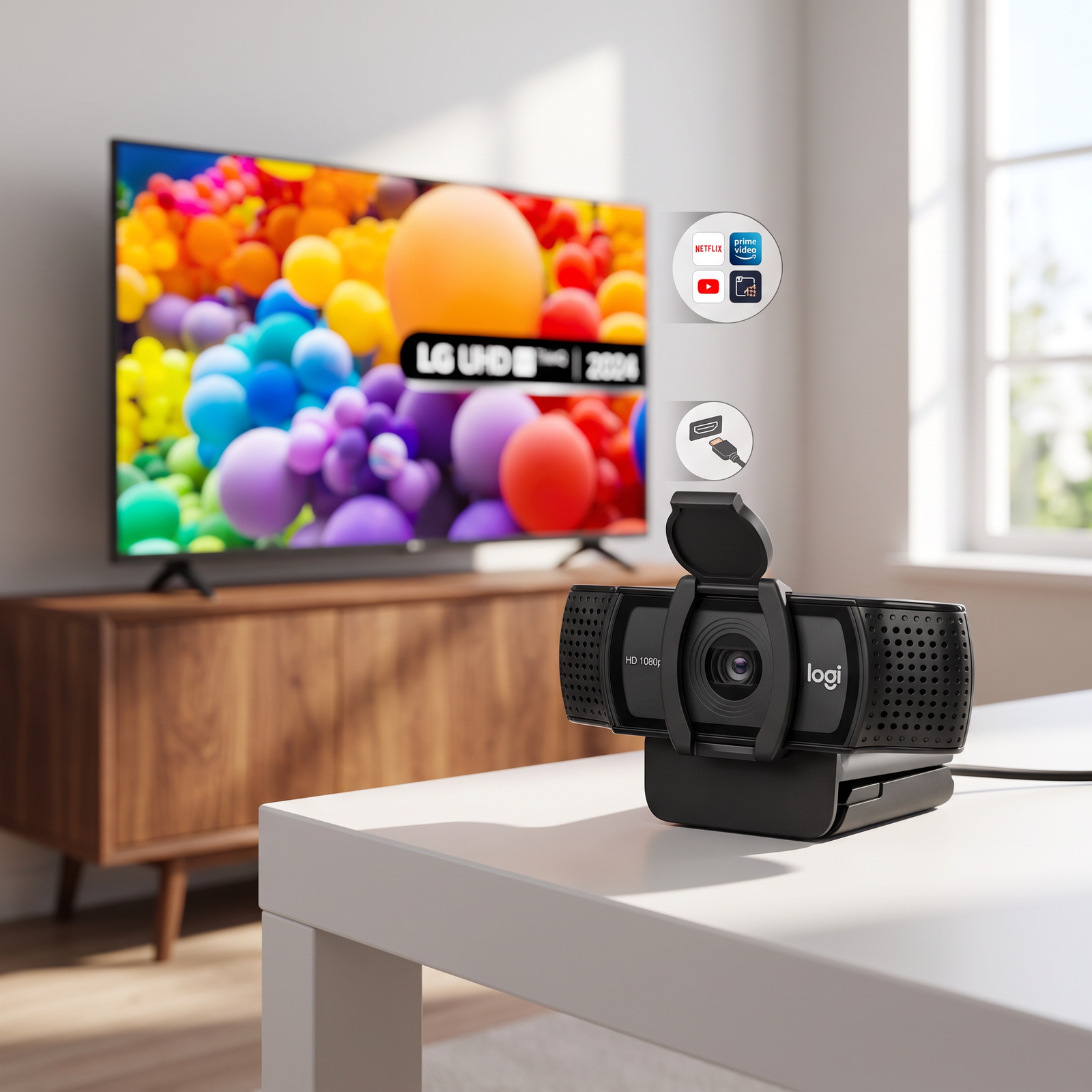 HD Webcam for Video Conferencing 1080p 60fps resting on a white desk