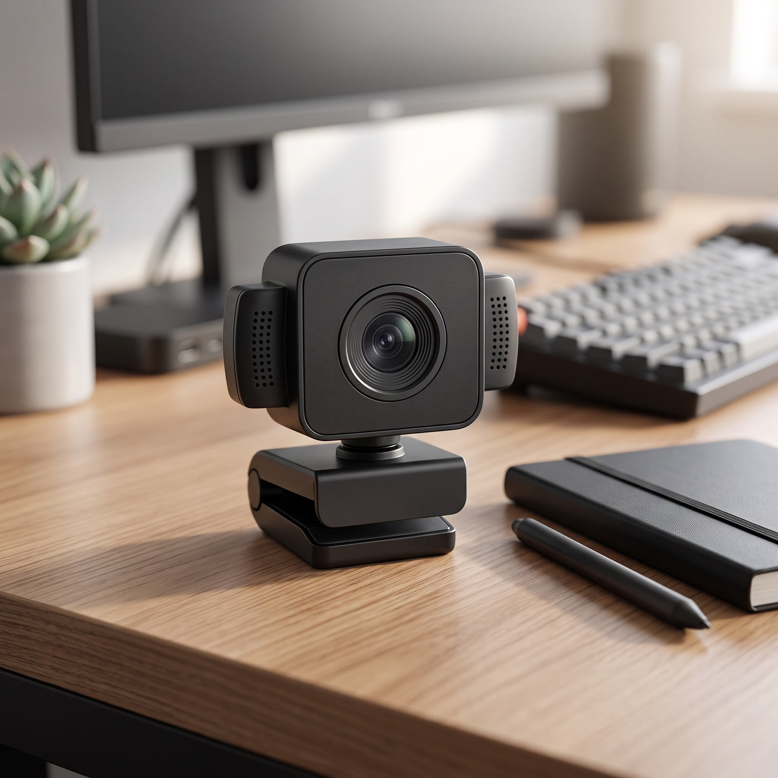 HD Webcam for Video Conferencing on a modern wooden desk setup